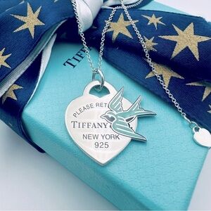 RARE Tiffany & Co. Return To Blue Enamel Bird Heart Charm Necklace w Packaging